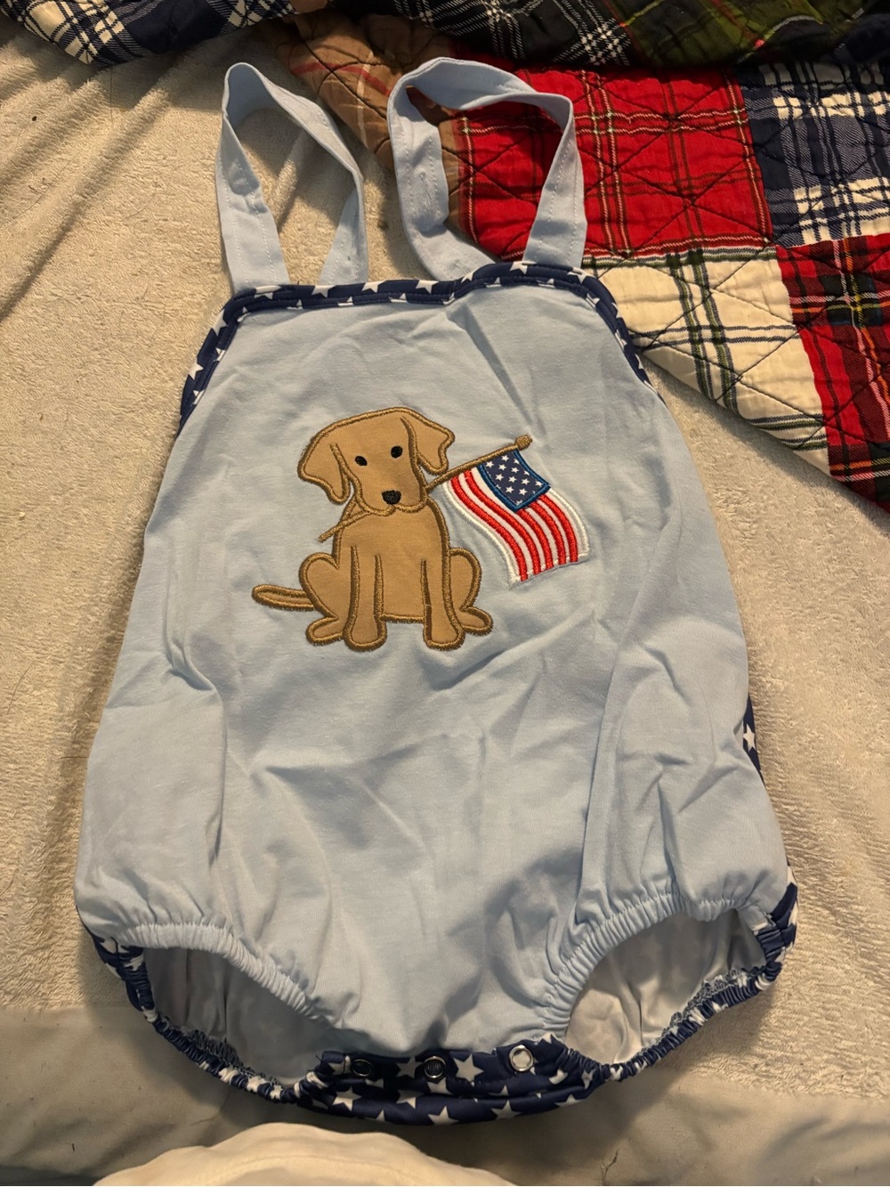 Light Blue Baby Romper with Puppy & Flag Applique